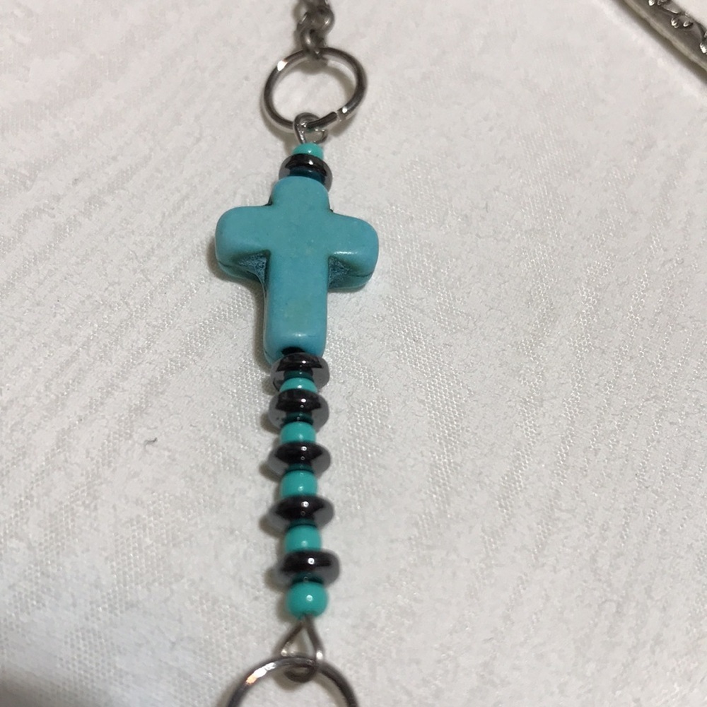 Metal Shepherds Hook Bkmk w/Chain & Turq Magnesite Gemstone,Glass, & Metal Beads - Picture 6 of 10